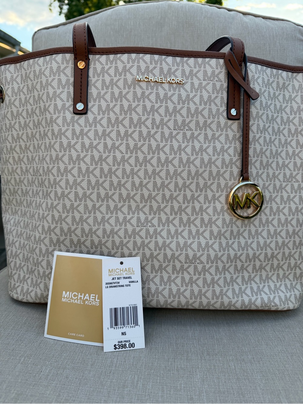 Michael Kors Beige and Brown Signature MK Tote with Gold Hardware